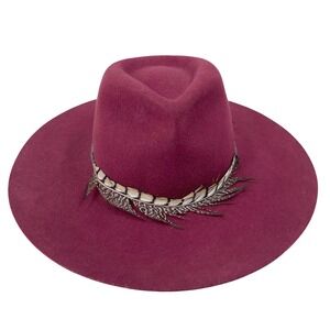 Scala‎ Burgundy Wool Fedora Hat Wide Brim Boho Western One Size Feather Band